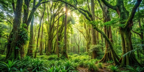 Fototapeta premium Towering trees and dense underbrush create a dense thicket that blocks out most of the sunlight, outdoor scenery, brambles