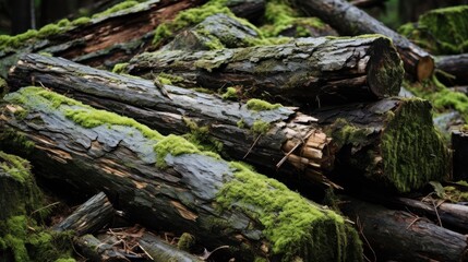 Fototapeta premium A stack of dark, weathered logs covered in vibrant green moss sits in a tranquil forest, symbolizing peaceful resilience and nature’s cycle.