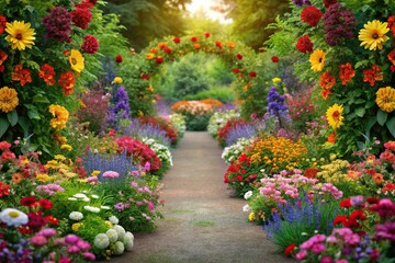 Naklejka premium Vibrant floral border with colorful blooms surrounding a central pathway, outdoor decor, garden