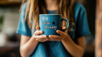 Woman in blue t-shirt holding a mug with "blue monday" text, capturing the essence of the saddest day of the year