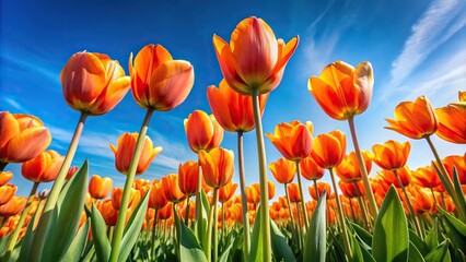 Vibrant orange tulips swaying in the breeze against a clear blue sky, tulip, sunny day, blooms
