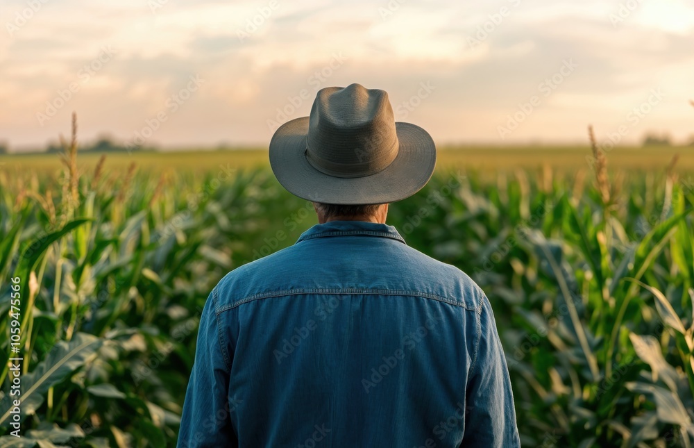 Aufkleber man in a hat stands in a cornfield with lush green cornfield under a beautiful sunset sky.