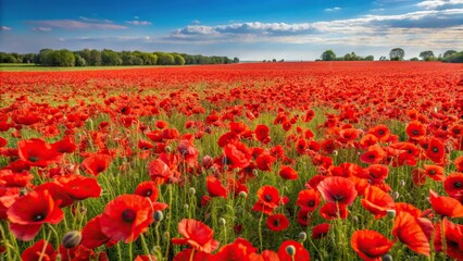 Fototapeta premium Vibrant red poppy fields stretching as far as the eye can see, garden design, nature scenery, red blooms