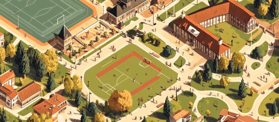 Fototapeta premium Aerial view of a university campus with buildings, trees, and people walking on the paths.