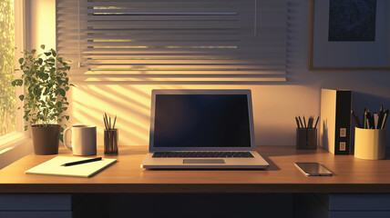 Minimalist work desk in a home office with a laptop and small business essentials