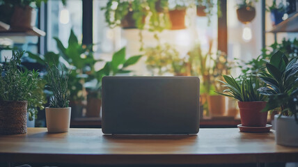 Fototapeta premium Laptop on the counter of a flower shop - small business