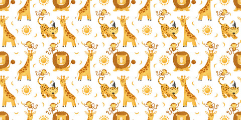 African jungle animals: Lion, leopard, cheetah, monkey, giraffe and banana, sun. Cute baby Watercolor seamless pattern. Childish background. Safari Print for design kid's goods, cards, fabric, © Fedulova_art