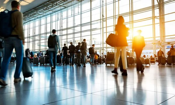 People walking through an airport terminal with luggage.