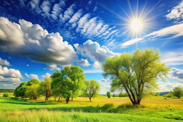 Warm sunny landscape with a bright blue sky, trees swaying gently in the breeze, and a few fluffy white clouds floating lazily across the horizon, beautiful sky, tree branches