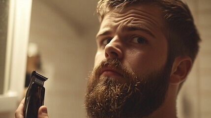 Man Trimming Beard with Electric Razor in Bathroom