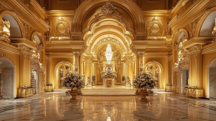 Fototapeta premium Grand podium in front of intricate gold architecture, capturing opulence and sophistication in every detail.