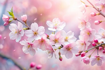 Watercolor impression of blooming cherry blossoms with delicate pink and white petals, blossoming trees, floral arrangement