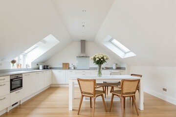 Fototapeta premium Bright Attic Kitchen Features Modern Amenities Amidst Warm Wood Floors and Cozy Seating