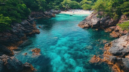 An aerial view of a secluded cove with clear blue water, surrounded by lush greenery and rocky cliffs.