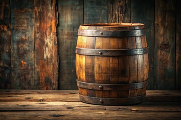 Fototapeta premium Wooden whiskey barrel with a weathered finish and a rusty metal lid on a rustic wooden table, natural wood tone, barrel aging process, wooden crate, distressed wood, antique furniture