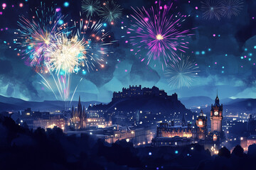 Fototapeta premium bright and colorful fireworks exploding over Edinburgh Castle during Hogmanay celebrations, detailed cityscape below with glowing lights