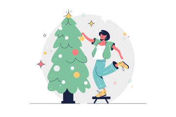 Shopping on Holidays. Female Buying and decorate Christmas Tree, Gifts, Presents and other Holiday Goods. Holiday Routine. Christmas Shopping Concept. Flat Cartoon Vector Illustration.
