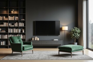 Elegant Modern Living Room Design With Cozy Green Furniture and Large Flat Screen TV Surrounded By Sophisticated Bookshelf and Soft Lighting