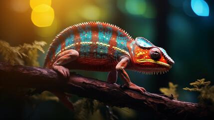 Vibrant Chameleon in Lush Forest with Dramatic Lighting