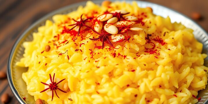 Sweet rice zarda garnished with saffron threads and almond slices, traditional Indian dessert, food styling, zarda