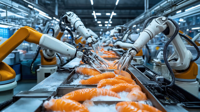 Industrial robotic arms processing and sorting raw salmon fillets on a conveyor belt within a modern seafood factory facility, showcasing automation in food processing.