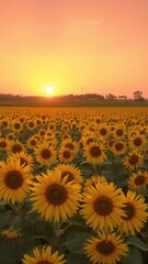 Fototapeta premium Vibrant orange and pink sunset casting a warm glow over a vast field of blooming sunflowers, landscape, field, warm glow