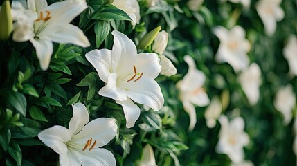 Obraz premium Soft, elegant flower wall with white lilies and greenery, offering a delicate background for events.