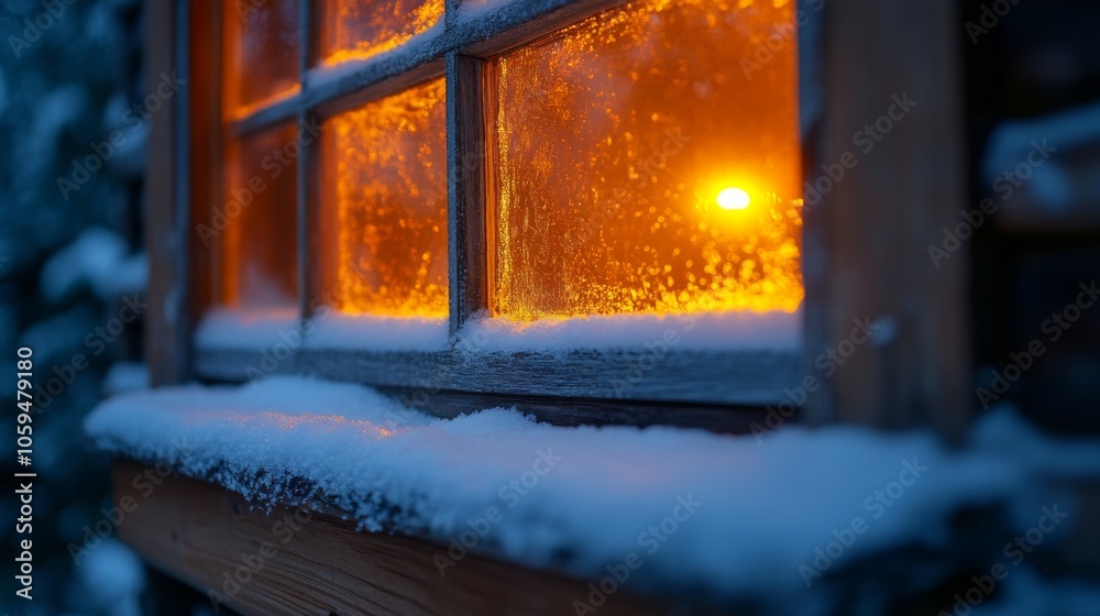 Poster a warm orange light shines through a window covered with frost, highlighting the snowy landscape out