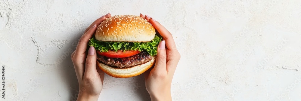 Aufkleber Two hands grasp a sizable burger stacked with fresh lettuce and tomato, ready for enjoyment in a relaxed atmosphere. Generative AI