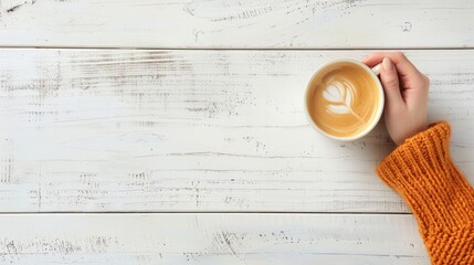 Top view photograph of female hand holding coffee cup on white wooden table with copy space.
