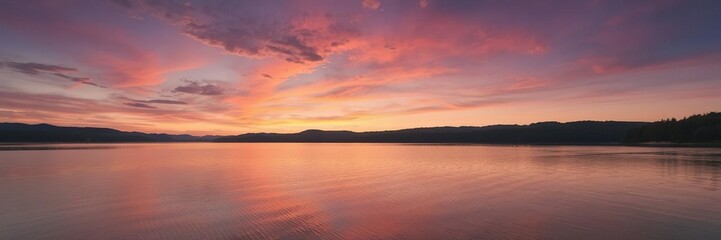 Obraz premium Vibrant sunrise reflecting off peaceful great lake, showcasing serene natural beauty, tranquil, water, landscape