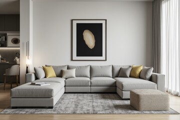 Minimalist Living Room Features Comfortable Grey Sectional Sofa, Warm Yellow Pillows, and Modern Artwork Enhancing Relaxing, Cozy Atmosphere