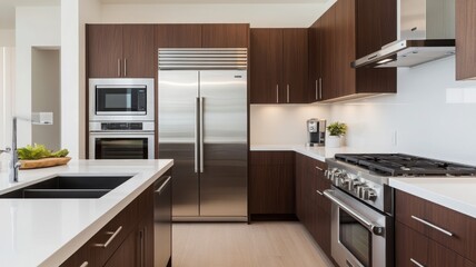 Fototapeta premium Modern kitchen with sleek cabinets, stainless steel appliances, and elegant countertops, perfect for culinary inspiration.