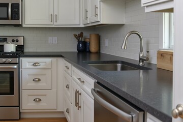 Fototapeta premium Modern Kitchen Renovation with Sleek Black Countertops and Stainless Steel Appliances Enhancing Elegance and Functionality