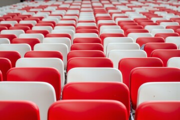 Naklejka premium Empty Red and White Stadium Seats Convey A Sense of Anticipation and Serenity, Echoing with Unspoken Promises of Excitement and Community