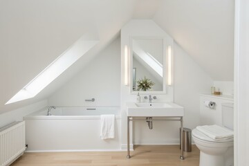 Elegant Attic Bathroom Offers Serene Modern Luxury, Natural Light Enhances Calm, Clean Space.