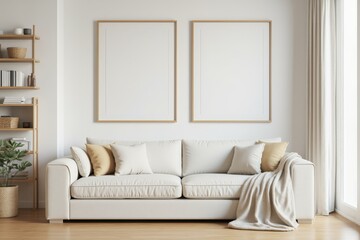 Minimalist Living Room Interior with Neutral Sofa, Beige Pillows, Modern Art and Wooden Shelves Offering Serene and Relaxing Atmosphere