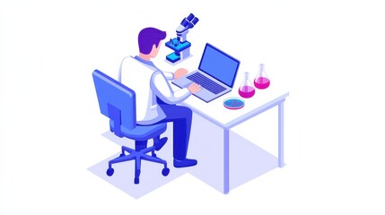 Scientist Working at Desk with Laboratory Equipment