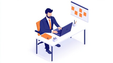 Professional Man Working at Desk in Isometric Style