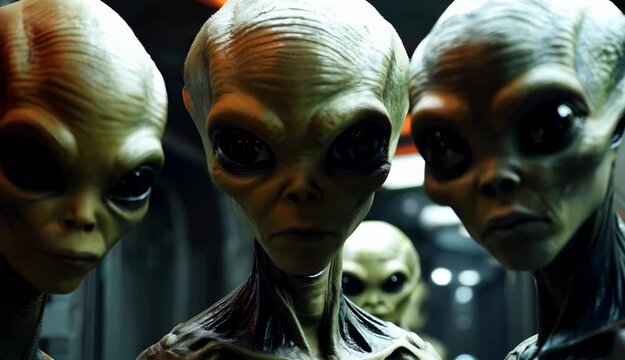 Aliens beings observing the camera, expressing interest and curiosity
