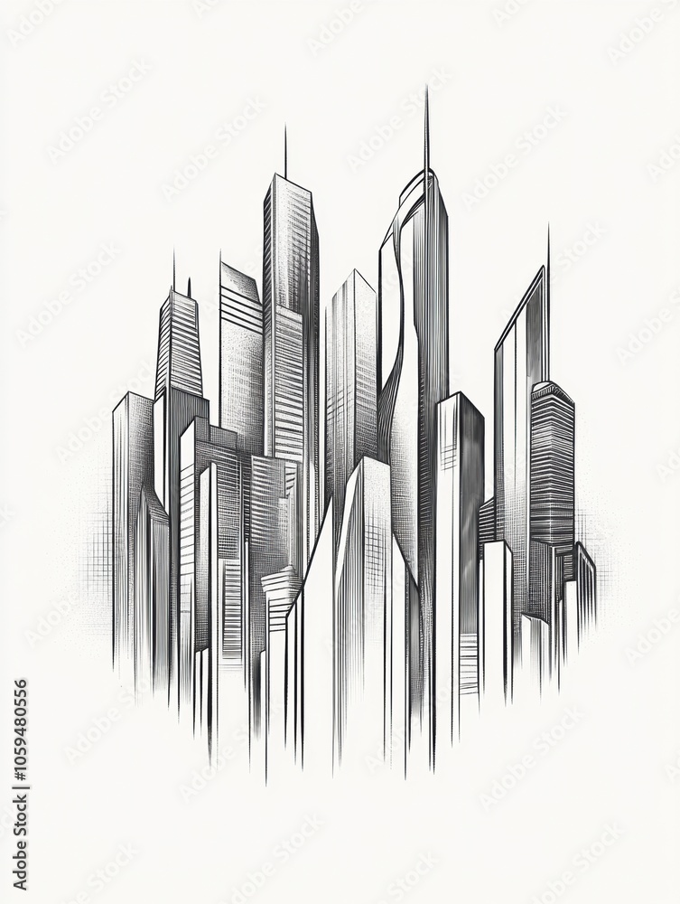 Poster a sleek, minimalist drawing of a futuristic city skyline highlights sharp geometric shapes and clean