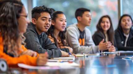 A group of students sit around a large table taking turns practicing their conversation skills with the guidance of a language tutor.