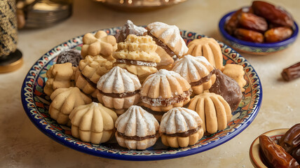 Maamoul with Dates: Molded cookies filled with sweet date paste, dusted with powdered sugar, arranged on a colorful ceramic plate with a bowl of dates, creating a warm, inviting atmosphere.






