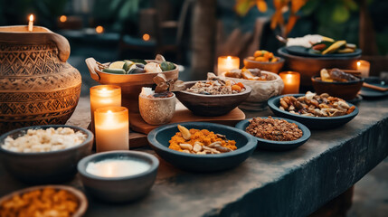 Table setting with an assortment of traditional dishes in rustic bowls and pottery, surrounded by lit candles, depicting a cozy and inviting dining atmosphere.