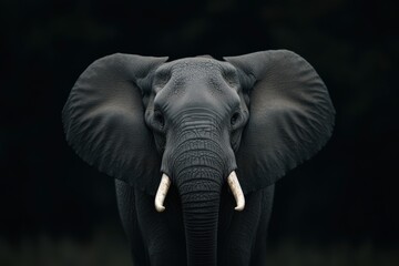 A large elephant with its trunk raised and its eyes looking straight ahead. The image has a dark, moody atmosphere