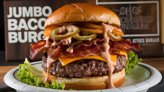 Jumbo Bacon Beef Burger: A jumbo beef patty topped with crispy lamb bacon, pepper jack cheese, chili peppers, onion rings, and topped with spicy ranch sauce on a toasted onion bun.
