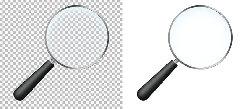 Optical magnifying glass set. Scaling and exploring tool with long handle and concave mirror glass realistic vector design