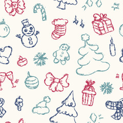 Hand drawn Christmas, New Year seamless pattern with winter holiday doodles - Xmas trees, snowmen, bows, stockings, presents, candy cane, snowflakes, candles and festive decorations on beige backdrop
