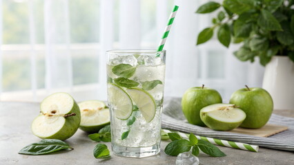 Fototapeta premium Apple Basil Mocktail with green straws - ideal for healthy lifestyle blogs, summer drink recipes, wellness websites, and non-alcoholic beverage presentations