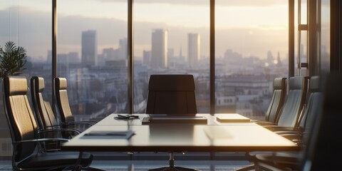 Professional Conference Room overlooking a cityscape at dusk